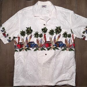 Pacific Legend Men’s Hawaiian Button Shirt XL USA Old Hot Rod Cars Surf Boards